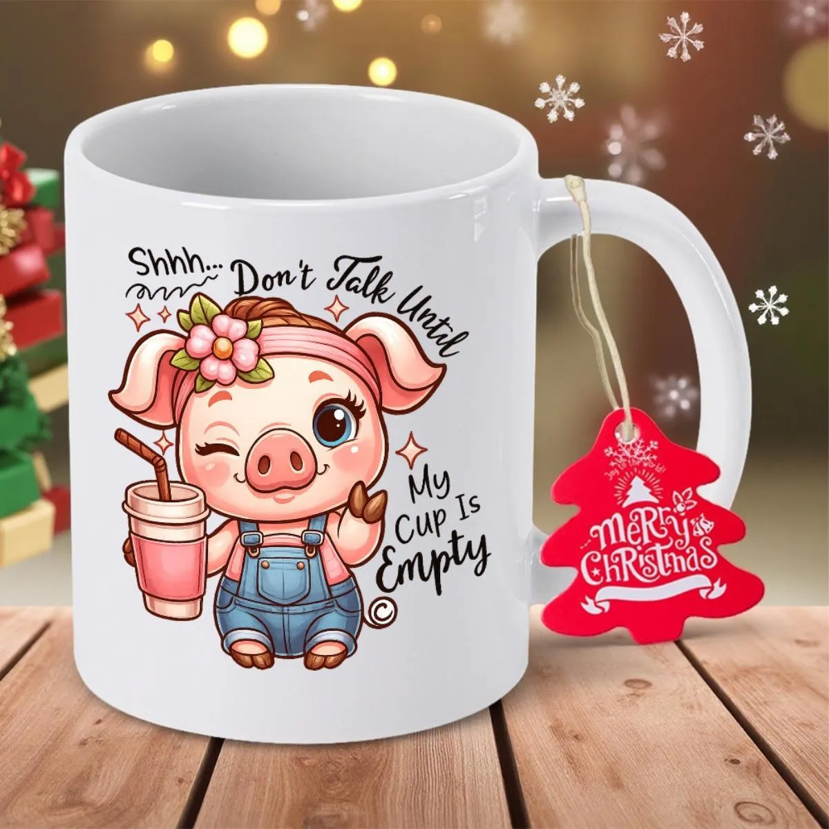 Tailorly White Ceramic 11 oz Mug - Shhh Don T Talk Until My Cup Is Empty Adorable Stylized Animal Wearing Denim Overalls With A Flower Headband Holding Drink Pig sold by Tailorly