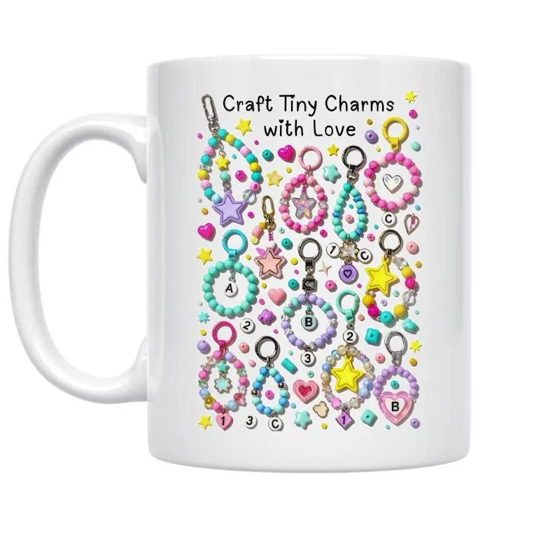 Tailorly White Ceramic 11 oz Mug - Craft Tiny Charms With Love Colorful Beaded Pastel Heart And Star Keychain Floating Within Small Stars Charm made by Tailorly