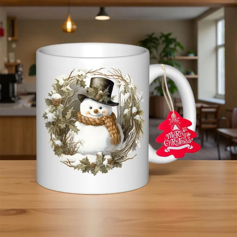 Tailorly White Ceramic 11 oz Mug - Merry Christmas Friendly Winter Character Wearing Top Hat And Scarf Among Pine Wreath Snowman made by Tailorly