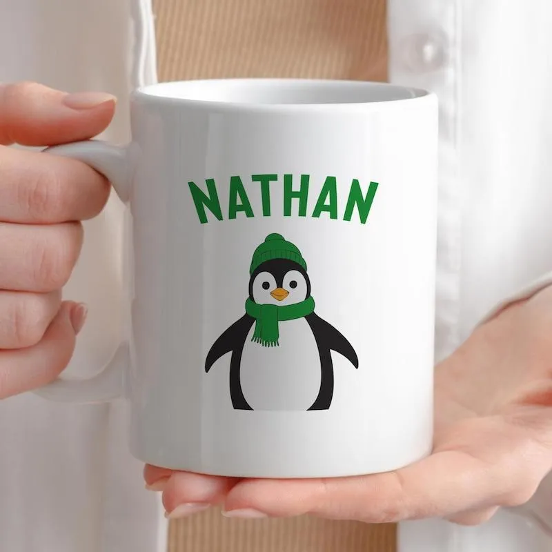 Tailorly White Ceramic 11 oz Mug - Nathan Cute Winter Style With Green Scarf And Hat Wearing Penguin made by Tailorly