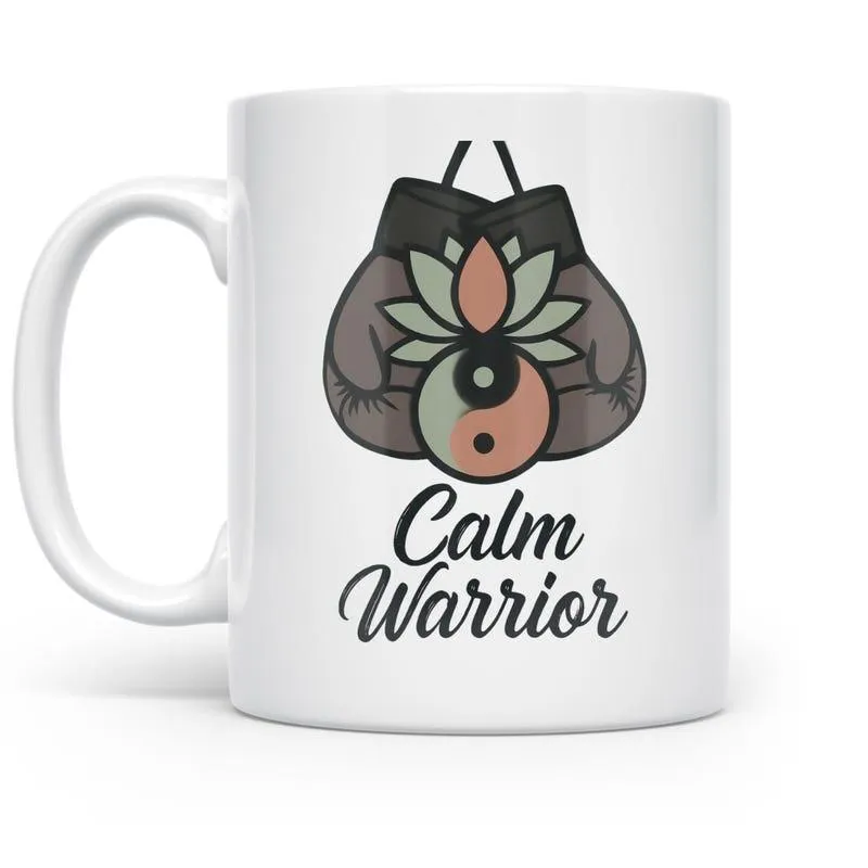 Tailorly White Ceramic 11 oz Mug - Calm Warrior Symbolic Lotus And Yin Yang Floating Over Hanging Professional Boxing Gloves made by Tailorly