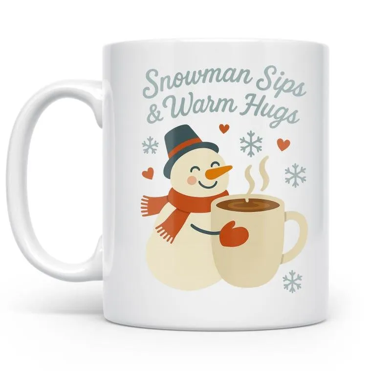 Tailorly White Ceramic 11 oz Mug - Snowman Sips Warm Hugs Cute Snowman Wearing Scarf Holding Steaming Hot Cocoa Among Winter Snowflakes Snowman made by Tailorly