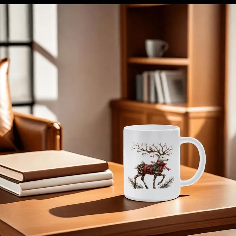 Tailorly White Ceramic 11 oz Mug - Majestic Reindeer With Large Antlers Wearing A Decorative Red Scarf Reindeer made by Tailorly