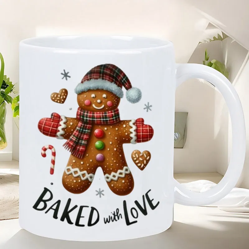 Tailorly White Ceramic 11 oz Mug - Baked With Love Festive Holiday Cookie Wearing Plaid Hat And Scarf Among Hearts Gingerbread Man made by Tailorly