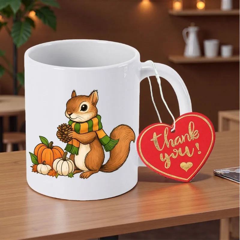 Tailorly White Ceramic 11 oz Mug - Thank You Adorable Cartoon Squirrel Wearing Striped Scarf Standing Beside Autumn Harvest Pumpkins Squirrel made by Tailorly