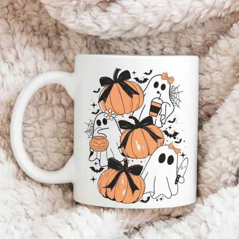 Tailorly White Ceramic 11 oz Mug - Adorable Halloween Pattern With Bow Tied Pumpkins And Cute Little Ghost made by Tailorly