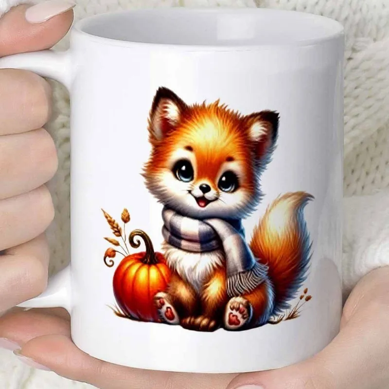 Tailorly White Ceramic 11 oz Mug - Adorable Fluffy Little Wearing Cozy Striped Scarf Beside A Small Ripe Pumpkin Fox made by Tailorly