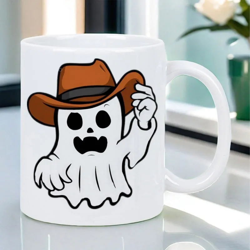 Tailorly White Ceramic 11 oz Mug - Playful Little White Specter Wearing A Classic Brown Western Cowboy Hat Ghost made by Tailorly