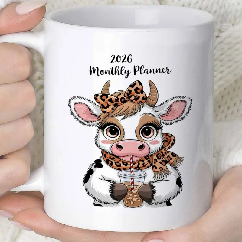 Tailorly White Ceramic 11 oz Mug - 2026 Monthly Planner Adorable Spotted Heifer Wearing Leopard Patterned Scarf And Bow Holding Boba Cow made by Tailorly