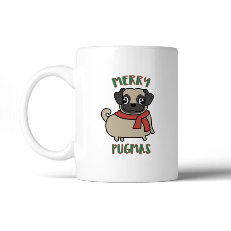 Tailorly White Ceramic 11 oz Mug - Merry Pugmas Cute Cartoon Dog Wearing Red Scarf For Christmas Holiday Pug made by Tailorly