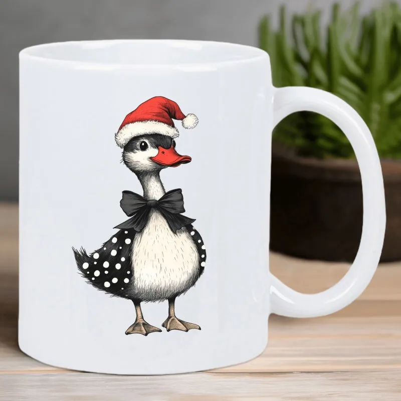 Tailorly White Ceramic 11 oz Mug - Festive Red Santa Hat And Black Bow Tie Polka Dot Duck made by Tailorly