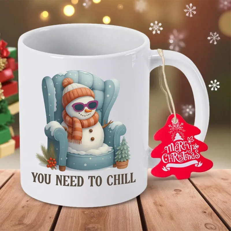 Tailorly White Ceramic 11 oz Mug - You Need To Chill Relaxed Wearing Sunglasses And Scarf Sitting On A Cozy Armchair Snowman made by Tailorly