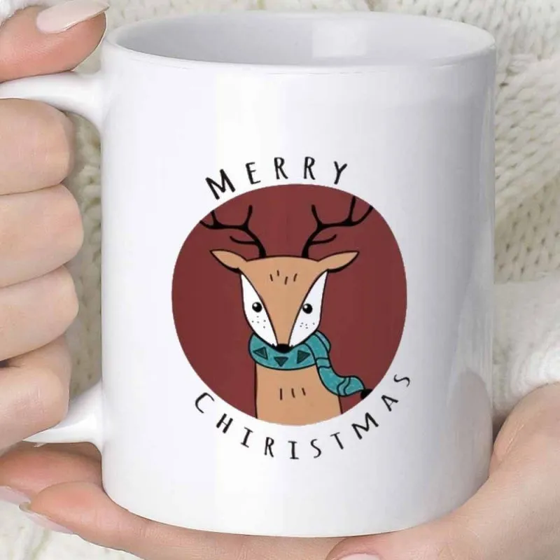 Tailorly White Ceramic 11 oz Mug - Merry Chiristmas Cute Cartoon Reindeer Wearing A Blue Scarf Inside Red Circle Reindeer made by Tailorly
