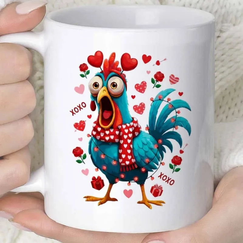 Tailorly White Ceramic 11 oz Mug - Xoxo Comical Blue Rooster Wearing Red Scarf Among Floating Roses And Hearts Chicken made by Tailorly