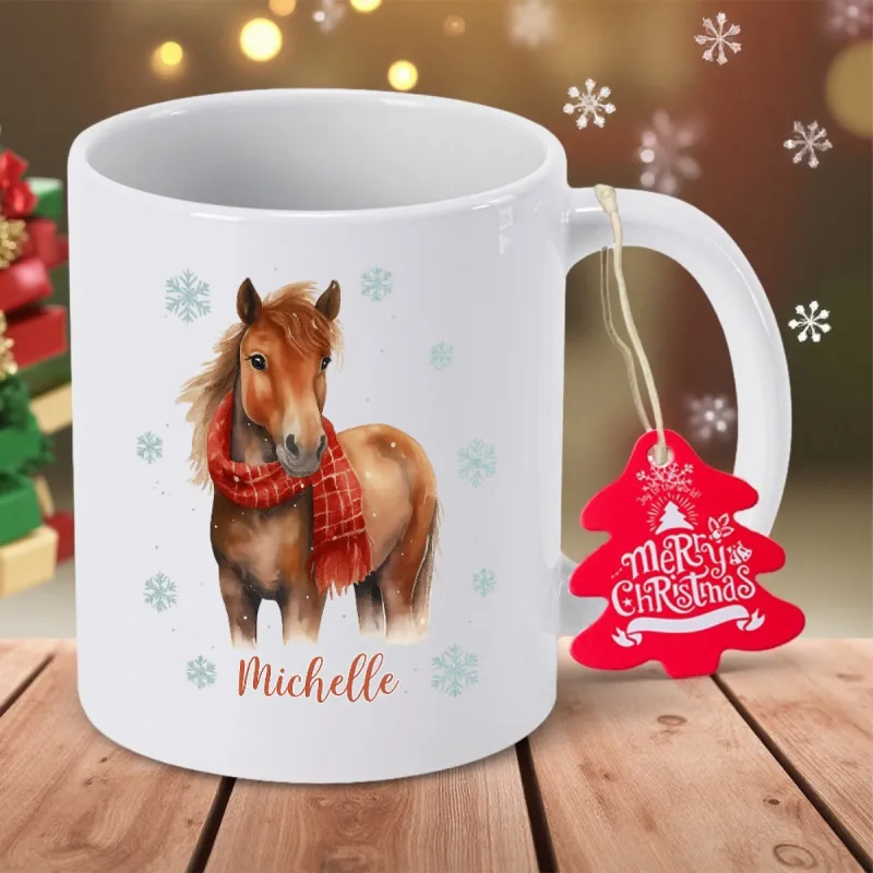 Tailorly White Ceramic 11 oz Mug - Michelle Merry Christmas Watercolor Brown Pony Wearing Red Plaid Scarf Amidst Blue Snowflakes Horse made by Tailorly
