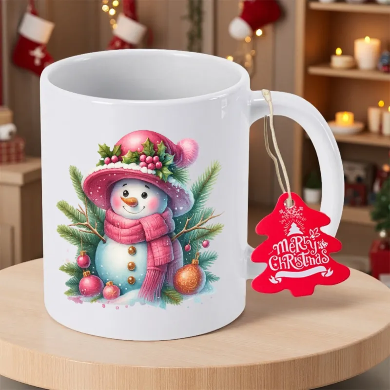 Tailorly White Ceramic 11 oz Mug - Merry Christmas Festive Snowman Wearing Pink Hat And Scarf Among Pine Branches Snowman made by Tailorly