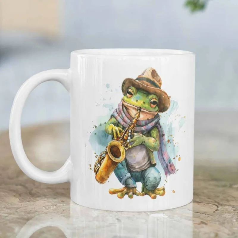 Tailorly White Ceramic 11 oz Mug - Charming Watercolor Illustration Wearing Hat And Scarf Playing Golden Saxophone Frog made by Tailorly
