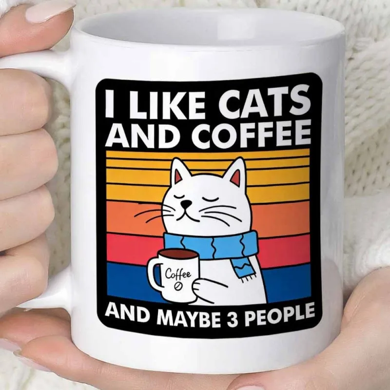 Tailorly White Ceramic 11 oz Mug - I Like Cats And Coffee And Maybe 3 People Charming White Wearing Blue Scarf Under Retro Vibrant Sunset Cat made by Tailorly