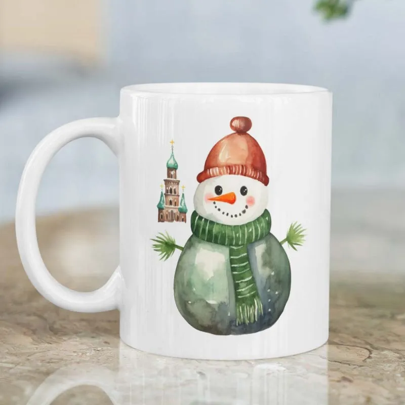 Tailorly White Ceramic 11 oz Mug - Cheerful Watercolor Character Wearing Red Hat And Knitted Green Scarf Snowman made by Tailorly