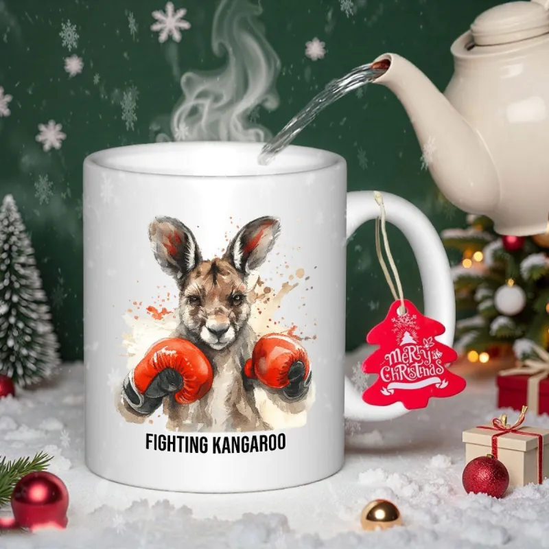 Tailorly White Ceramic 11 oz Mug - Fighting Kangaroo Athletic Brown Marsupial Wearing Red Boxing Gloves Ready For Match Kangaroo made by Tailorly