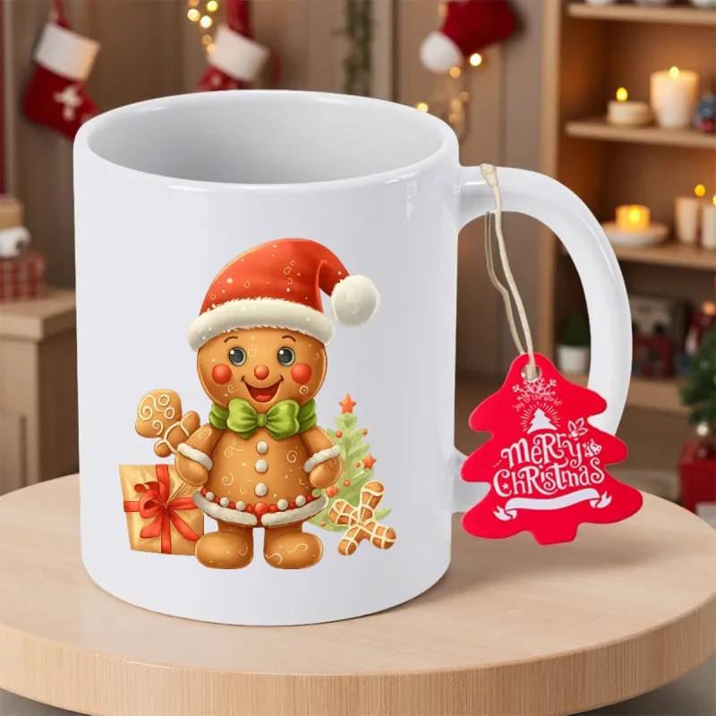 Tailorly White Ceramic 11 oz Mug - Merry Christmas Festive Smiling Character With Red Santa Hat And Green Bow Tie Gingerbread Man made by Tailorly