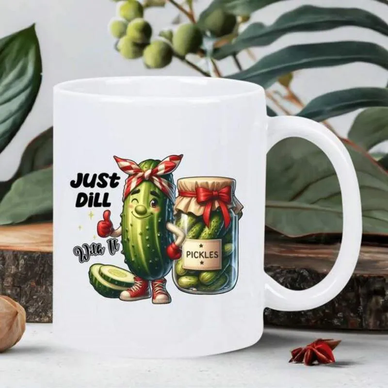 Tailorly White Ceramic 11 oz Mug - Just Dill With It Happy Cartoon Character Wearing Red Headband And Boots Beside Glass Jar Pickle made by Tailorly