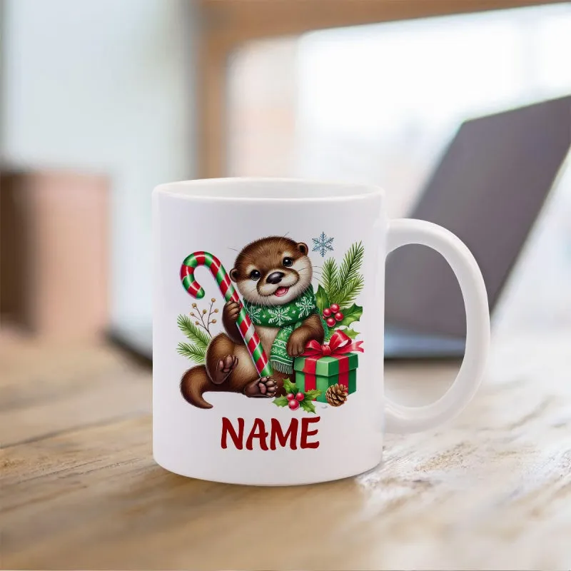 Tailorly White Ceramic 11 oz Mug - Name Festive Holiday Scene Featuring A Scarf Wearing Candy Cane Holding Cute Otter made by Tailorly