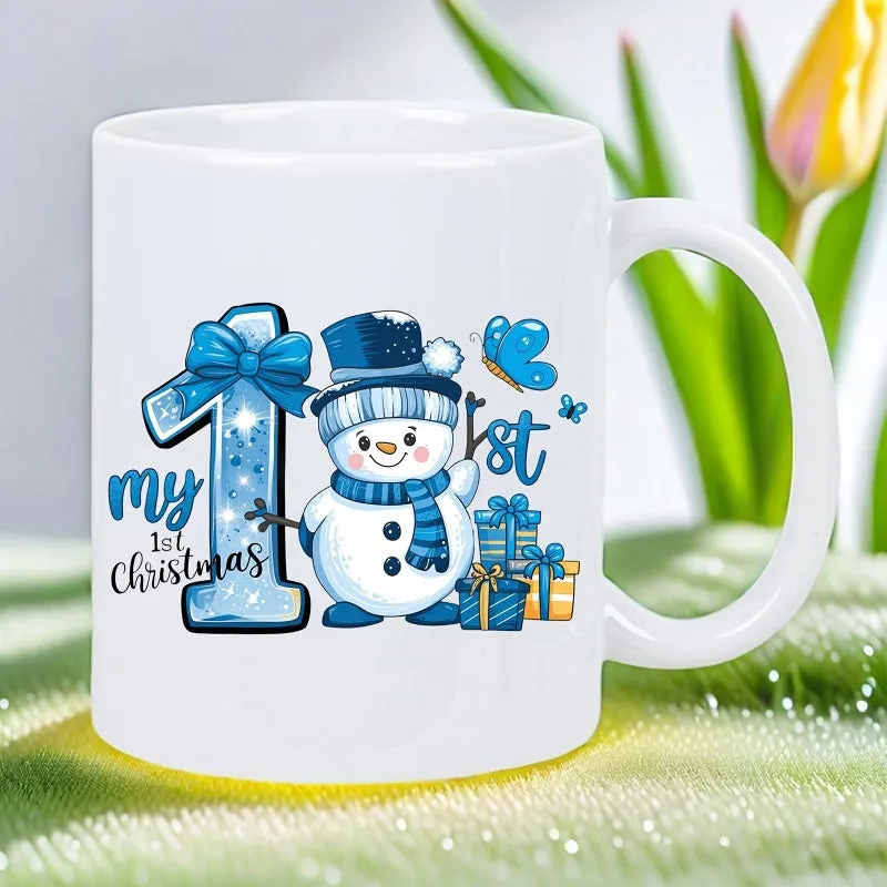 Tailorly White Ceramic 11 oz Mug - My 1st Christmas Cute Cartoon Winter Figure Wearing Scarf Among Gifts And Blue Number One Snowman made by Tailorly