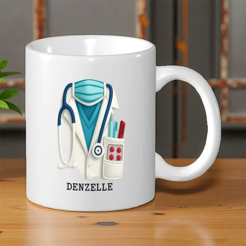 Tailorly White Ceramic 11 oz Mug - Denzelle Medical Professional Attire Featuring Stethoscope And Protective Face Mask Uniform made by Tailorly