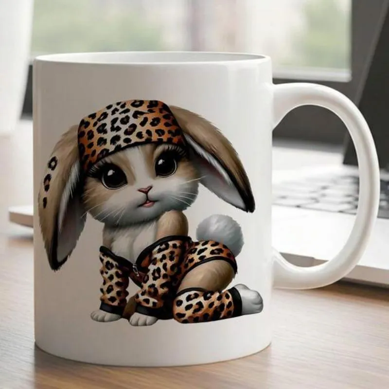 Tailorly White Ceramic 11 oz Mug - Adorable Small Rabbit Wearing Fashionable Leopard Print Outfit And Matching Headband Bunny made by Tailorly