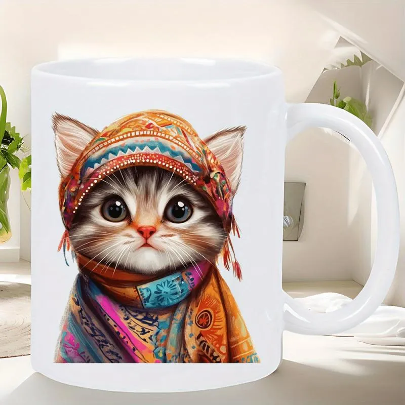 Tailorly White Ceramic 11 oz Mug - Adorable Whimsical Kitten Wearing Colorful Patterned Bohemian Hat And Scarf Cat made by Tailorly