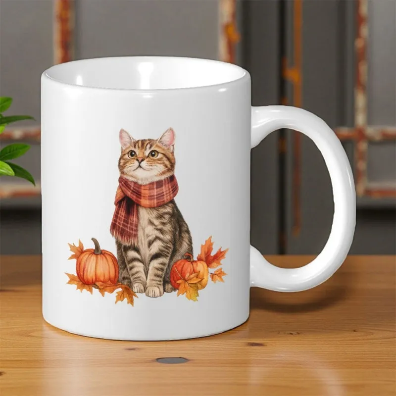 Tailorly White Ceramic 11 oz Mug - Charming Brown Tabby Wearing Red Plaid Scarf Sitting Beside Autumn Pumpkins Cat made by Tailorly