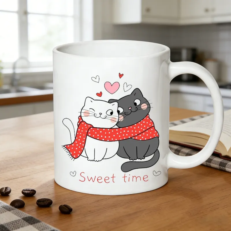 Tailorly White Ceramic 11 oz Mug - couple cats coffee mug adorable white and gray kittens wearing a scarf made by Tailorly