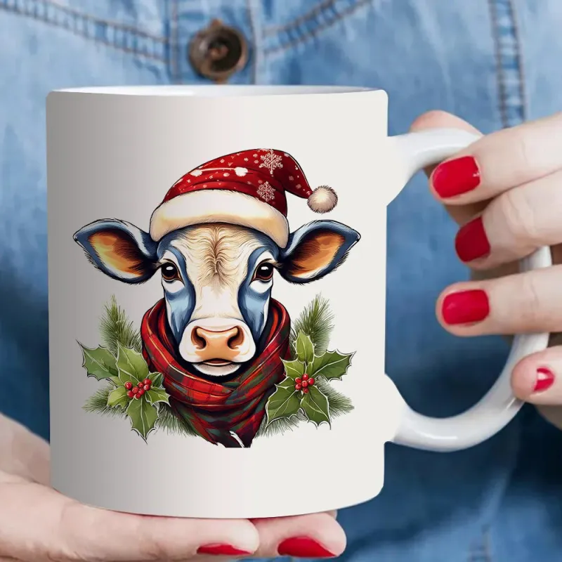 Tailorly White Ceramic 11 oz Mug - christmas cow with santa hat and scarf made by Tailorly