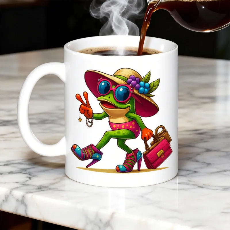 Tailorly White Ceramic 11 oz Mug - Chic Green Character Wearing Berries Sun Hat And Pink Swimsuit Frog made by Tailorly