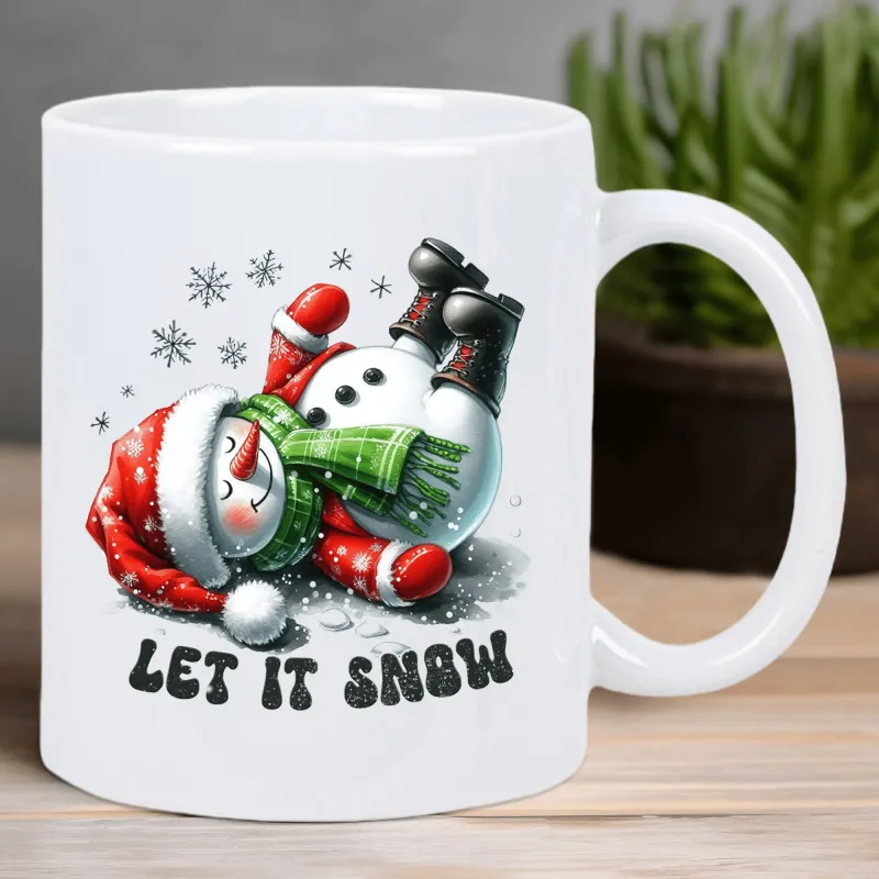 Tailorly White Ceramic 11 oz Mug - Let It Snow Whimsical Snowman Wearing Red Hat And Green Scarf Among Snowflakes Snowman made by Tailorly