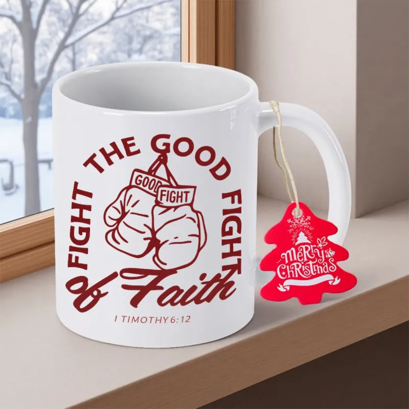 Tailorly White Ceramic 11 oz Mug - Fight The Good Fight Of Faith Minimalist Red Outlined Boxing Gloves Hanging Among Inspirational Religious Words Glove made by Tailorly