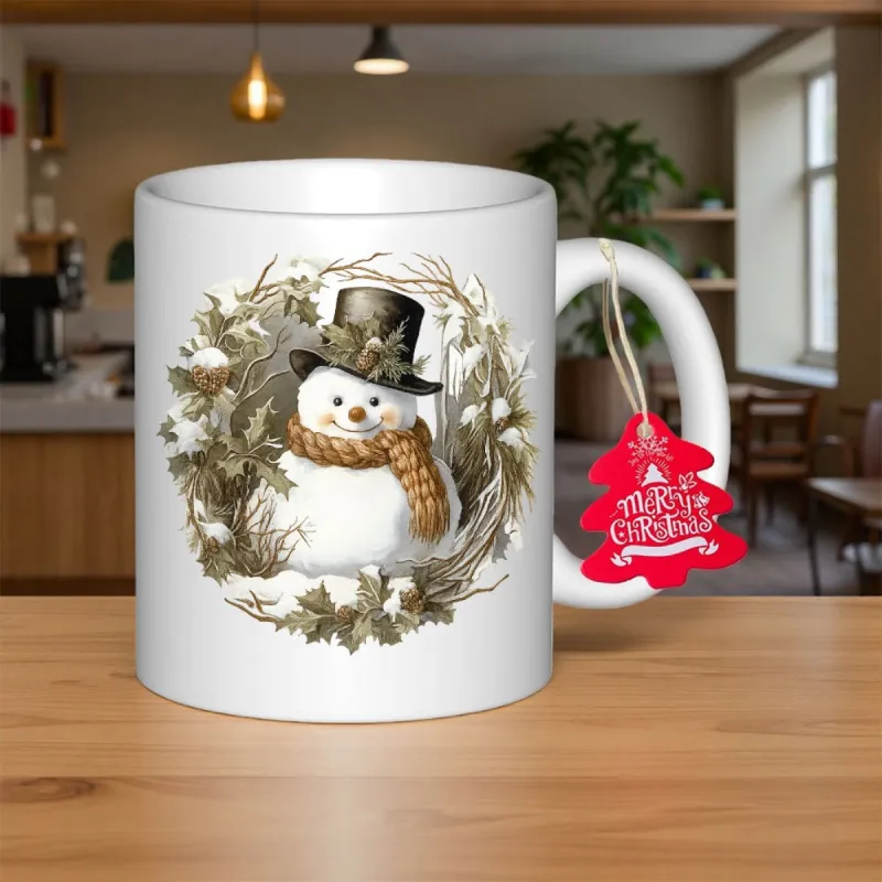 Tailorly White Ceramic 11 oz Mug - Merry Christmas Charming Snowman Wearing A Top Hat And Scarf Within Foliage Wreath Snowman made by Tailorly