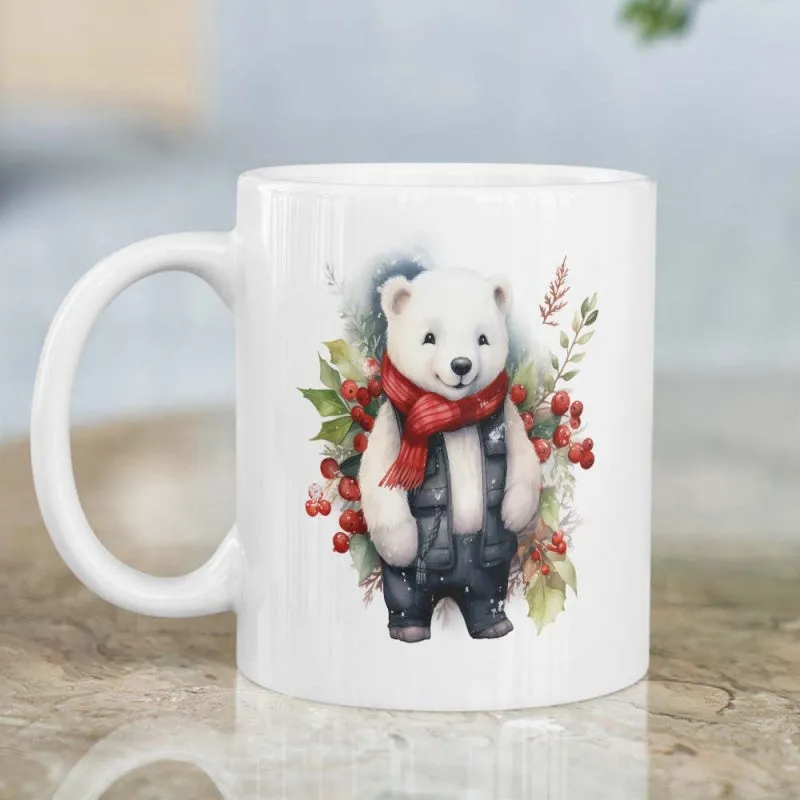 Tailorly White Ceramic 11 oz Mug - Adorable Polar Bear Wearing Red Scarf Standing Among Winter Holly Berries Polar Bear made by Tailorly