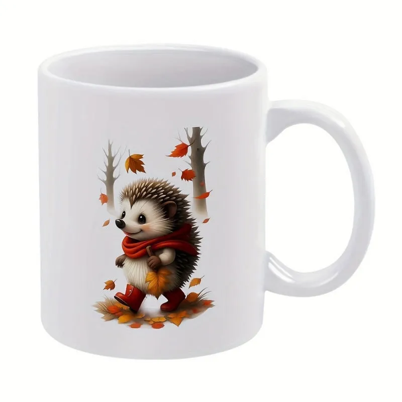 Tailorly White Ceramic 11 oz Mug - Cute Small Animal Wearing Red Scarf And Boots Walking Through Autumn Leaves Hedgehog made by Tailorly