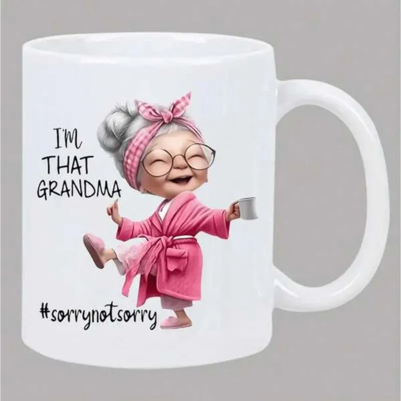 Tailorly White Ceramic 11 oz Mug - Im That Grandma Sorrynotsorry Cute Happy Elderly Woman Wearing Pink Robe And Polka Dot Headband Grandma made by Tailorly
