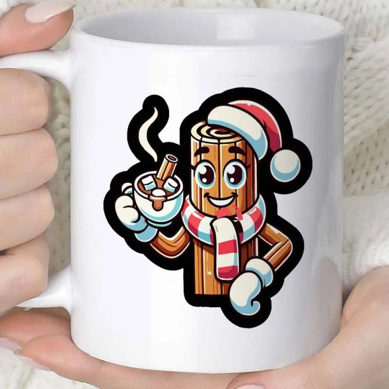 Tailorly White Ceramic 11 oz Mug - Festive Cartoon Character Wearing Striped Scarf And Santa Hat Holding Cocoa Cinnamon Stick made by Tailorly