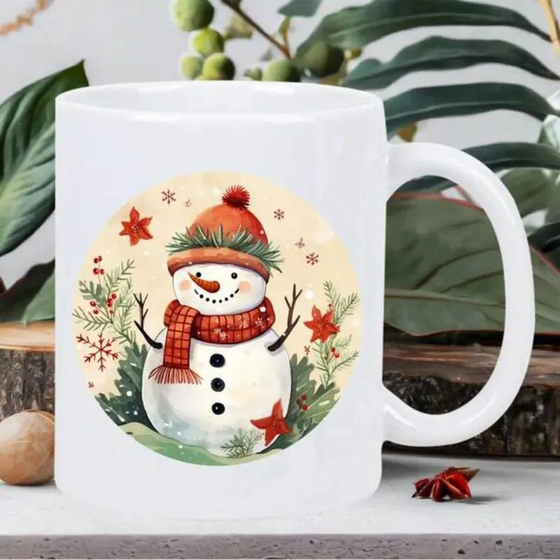 Tailorly White Ceramic 11 oz Mug - Watercolor Style Festive Scene With Red Hat And Scarf Wearing Snowman made by Tailorly