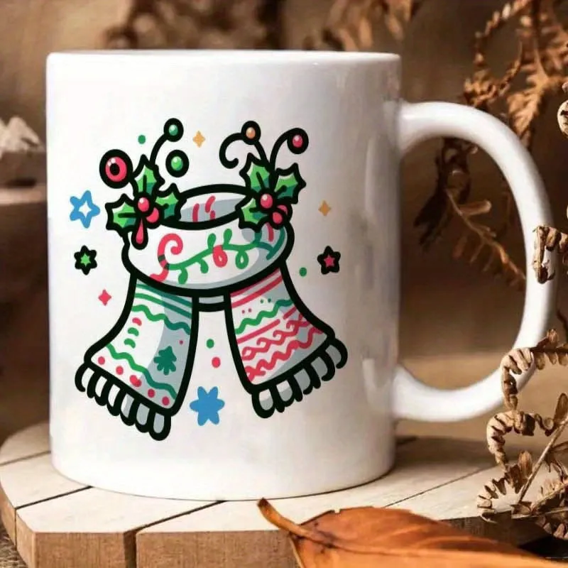 Tailorly White Ceramic 11 oz Mug - Festive Winter Garment Decorated With Green Holly And Red Berries Knitting Scarf made by Tailorly