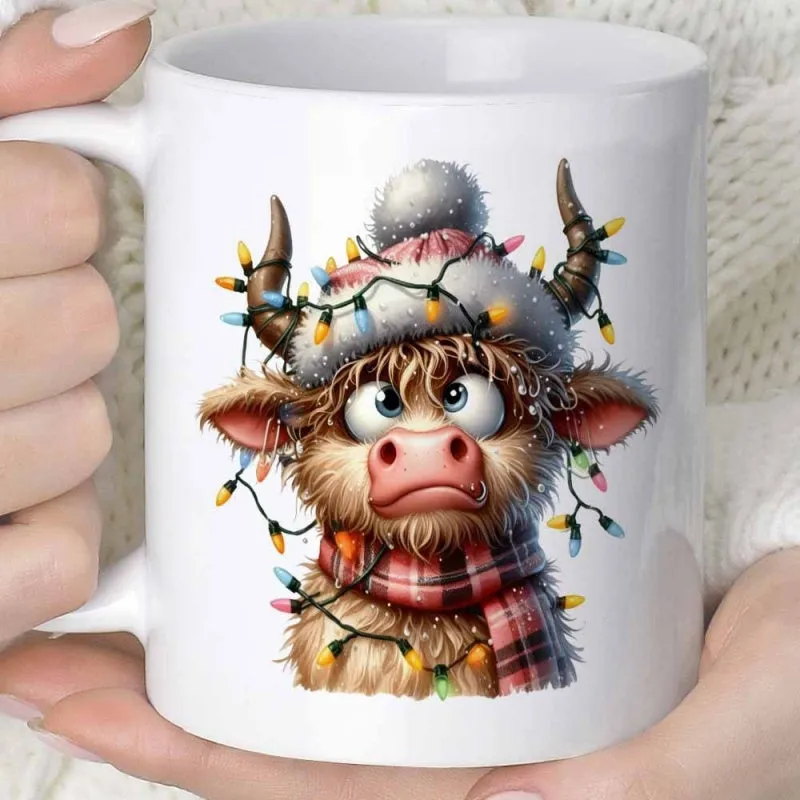 Tailorly White Ceramic 11 oz Mug - Adorable Highland Calf Wearing Festive Christmas Lights And Winter Scarf Cow made by Tailorly