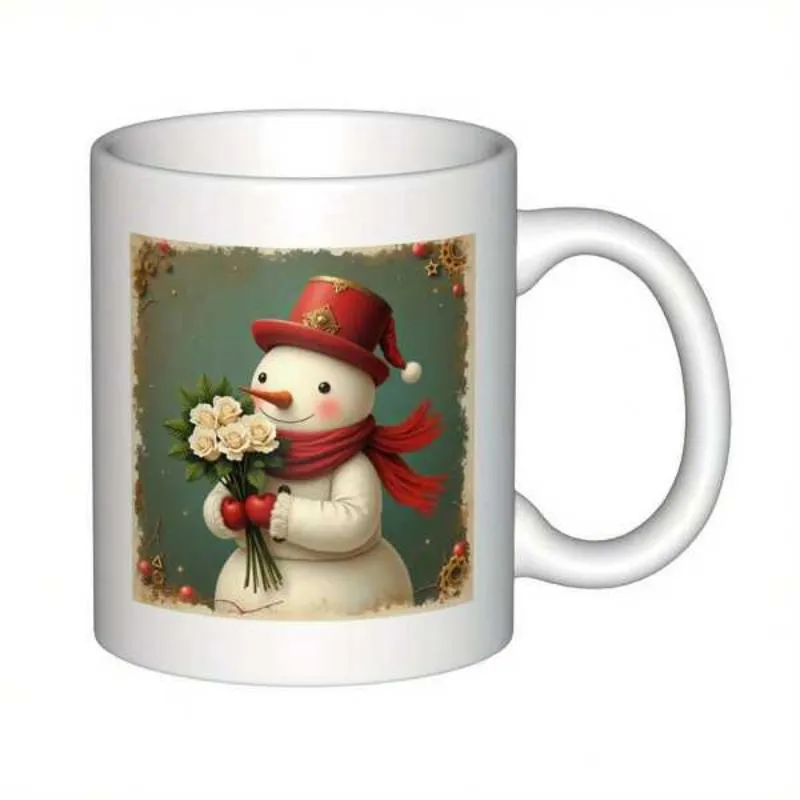 Tailorly White Ceramic 11 oz Mug - Charming Winter Illustration Of A Cheerful Scarf Wearing Red Hat Snowman made by Tailorly