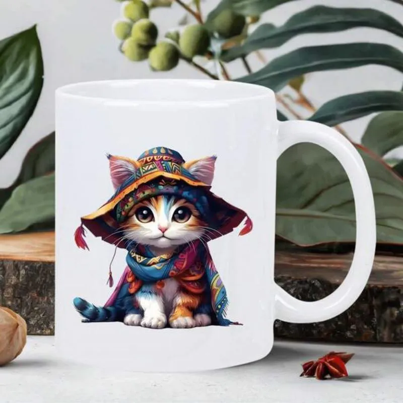 Tailorly White Ceramic 11 oz Mug - Adorable Small Sitting Kitten Wearing Colorful Patterned Hat And Cozy Scarf Kitten made by Tailorly
