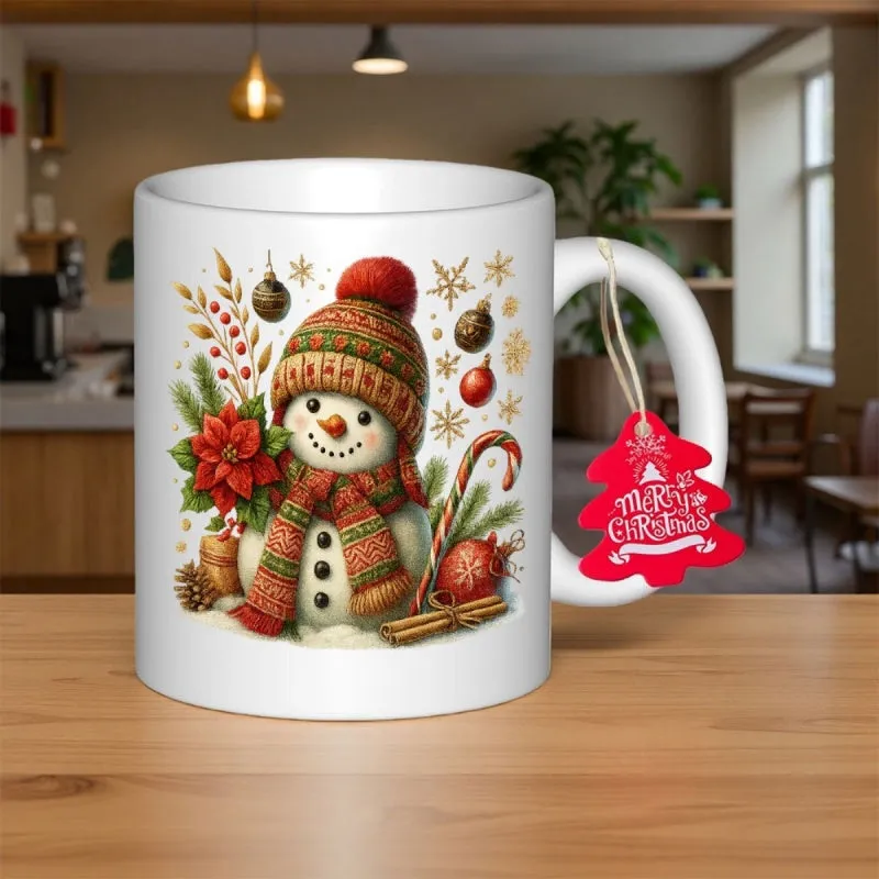 Tailorly White Ceramic 11 oz Mug - Merry Christmas Festive Winter Scene Featuring A Smiling Snowman Wearing Knit Scarf Snowman made by Tailorly