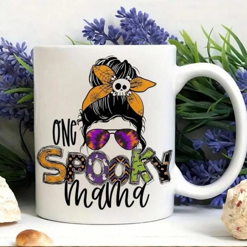 Tailorly White Ceramic 11 oz Mug - One Spooky Mama Messy Bun Hairstyle Wearing Sunglasses And A Skull Headband Mama made by Tailorly