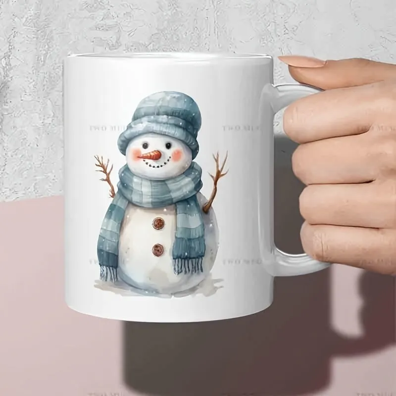 Tailorly White Ceramic 11 oz Mug - Charming Winter Character With Blue Knitted Hat And Checkered Scarf Snowman made by Tailorly
